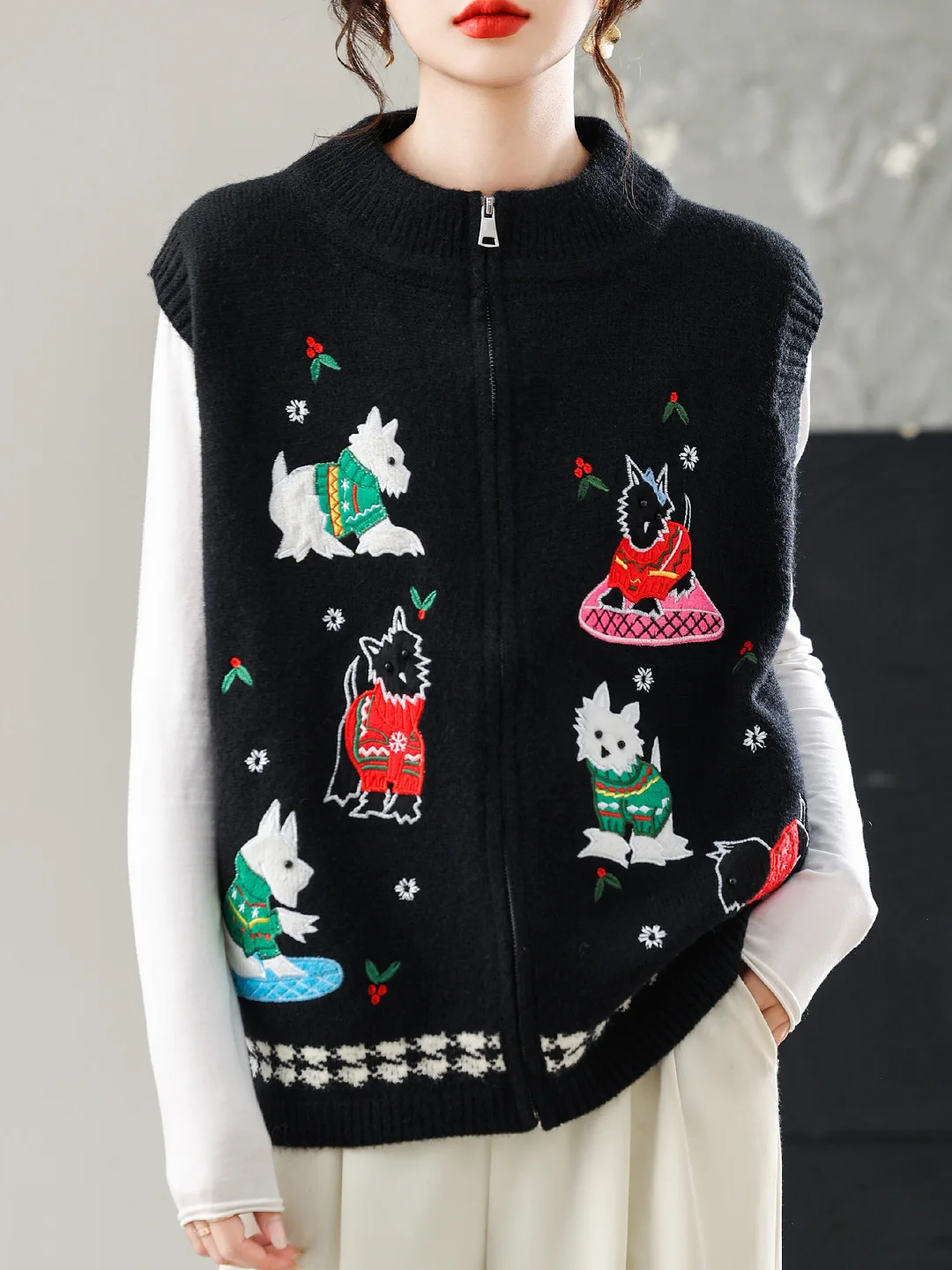 

Женский вязаный шерстяной жилет на молнии с круглым вырезом, с мультяшным принтом собаки, повседневная верхняя одежда, модный тренд