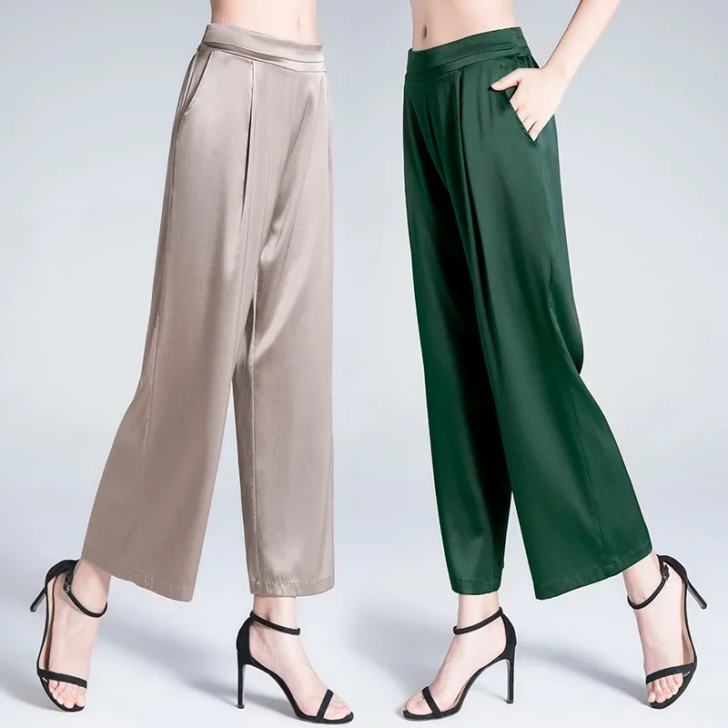 

Birdsky, 1PC Women trousers pants wide leg straight pant high waist 95% real mulberry silk 5% spandex 2 colors, S-950