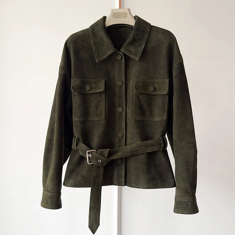 Chaqueta de piel de cabra de piel auténtica para mujer, abrigos de ante para niño, solapa informal, cinturón con cordones, chaqueta ajustada de cuero auténtico, Tops 2026