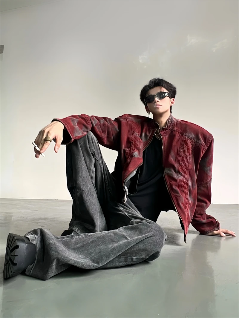 Ace Tailors American Retro Design Shoulder Pad Stand Collar Jacket Washed Gradient Vintage Short Outerwear Casual Style Cotto...