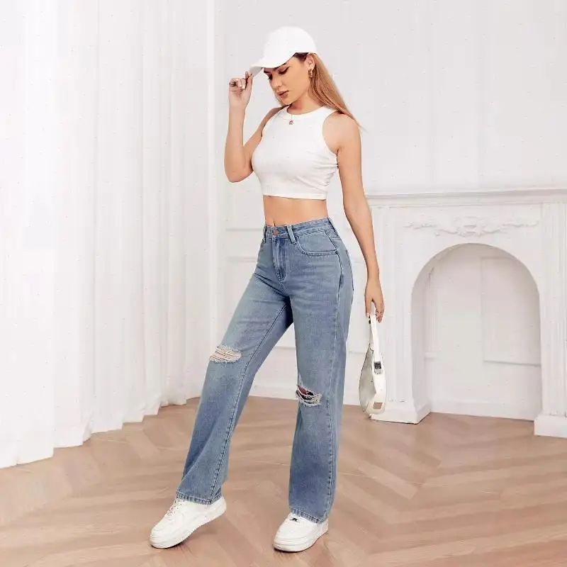 Jeans Women Hole Denim Pants Skinny Ankle Length Trousers High Waist Distressed Washed Solid Straight Pant Autumn Streetwear