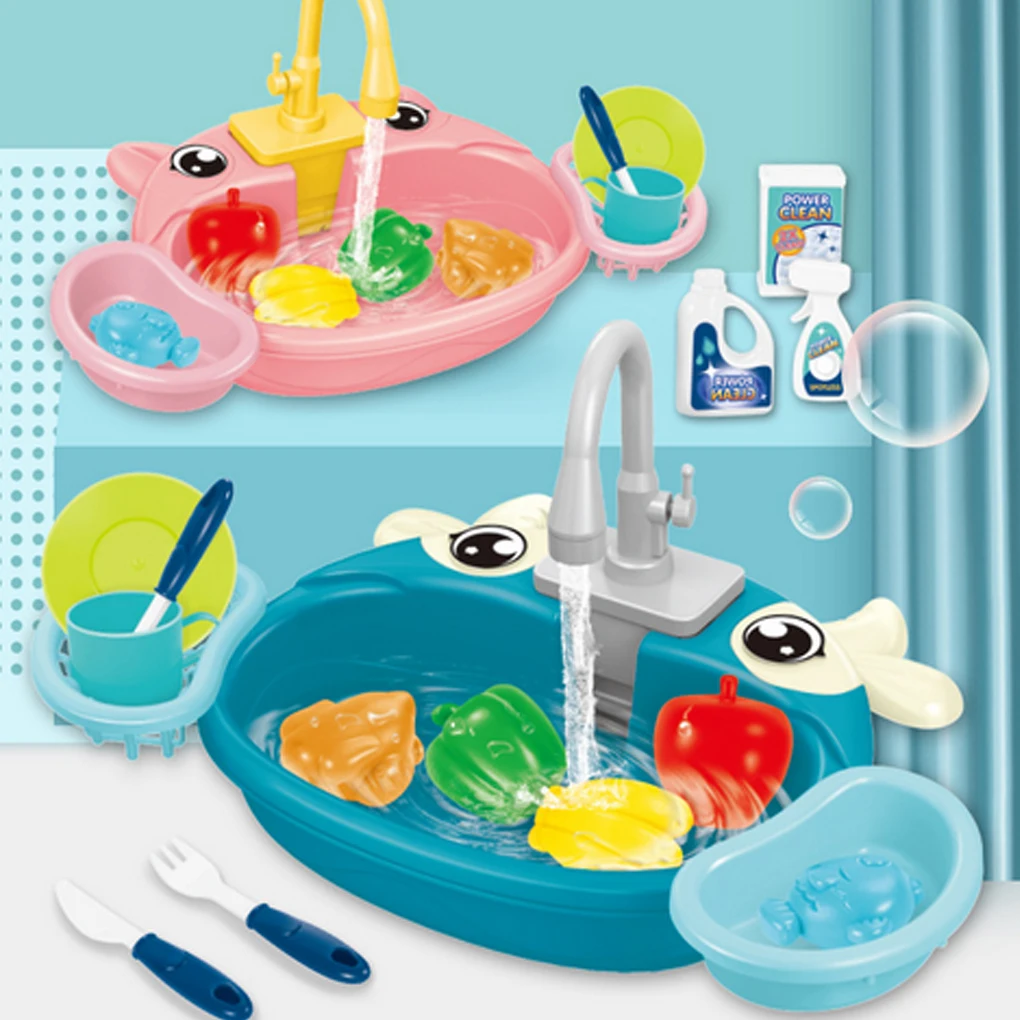 Crianças jogar brinquedos dos desenhos animados lavatório elétrico forfun experiência de aprendizagem equipada com jogo comida circulação água pia da cozinha