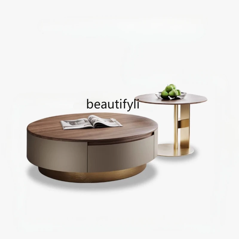 

Coffee table living room light luxury high-end small apartment high-end black walnut solid wood round TV cabinet combination