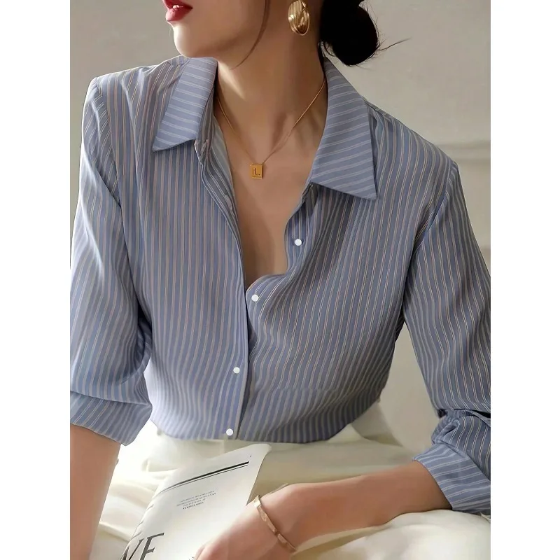 Plus Size 1XL-5XL New Women's Striped Shirt Long Sleeve Blue Shirt Autumn Gentle Chiffon Shirt Top image 4