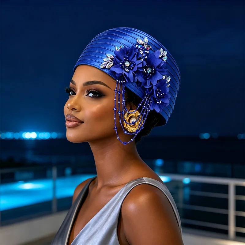 Luxury Satin Turban Fascinator Hat Sparkly Rhinestone Flower Pearl Tassel Women Church Wedding Party Head Wrap African Geles