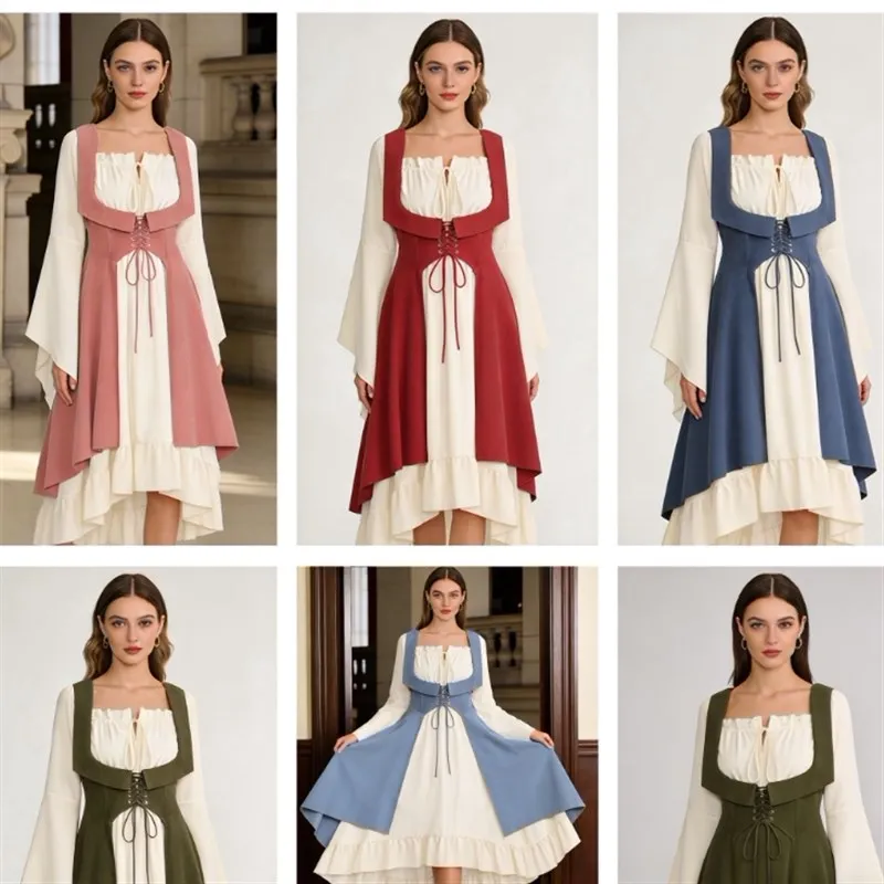 

Medieval Halloween Revival Dress Waist-Bound Cosplay Gown Court Queen Performance Costume Women's Traditional Ethnic Stage Wear
