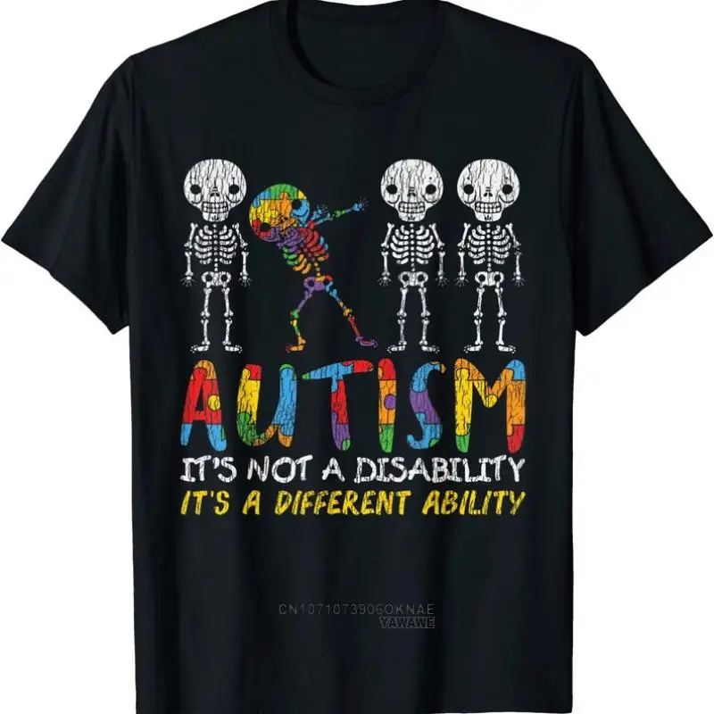 Vintage Autism Awerness Skeleton Dabbing Autistic Men Graphic Tshirt Harajuku Hip-hop Black Humor Print O-neck Polyester