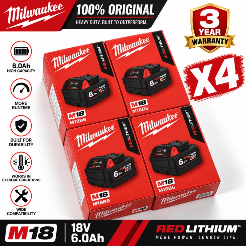100% Original Milwaukee Battery M18, 6.0Ah, Milwaukee Charger, M18B6 M18B5 48-11-1860, 48-11-1850, 48-11-1840, Tool Lithium Batt