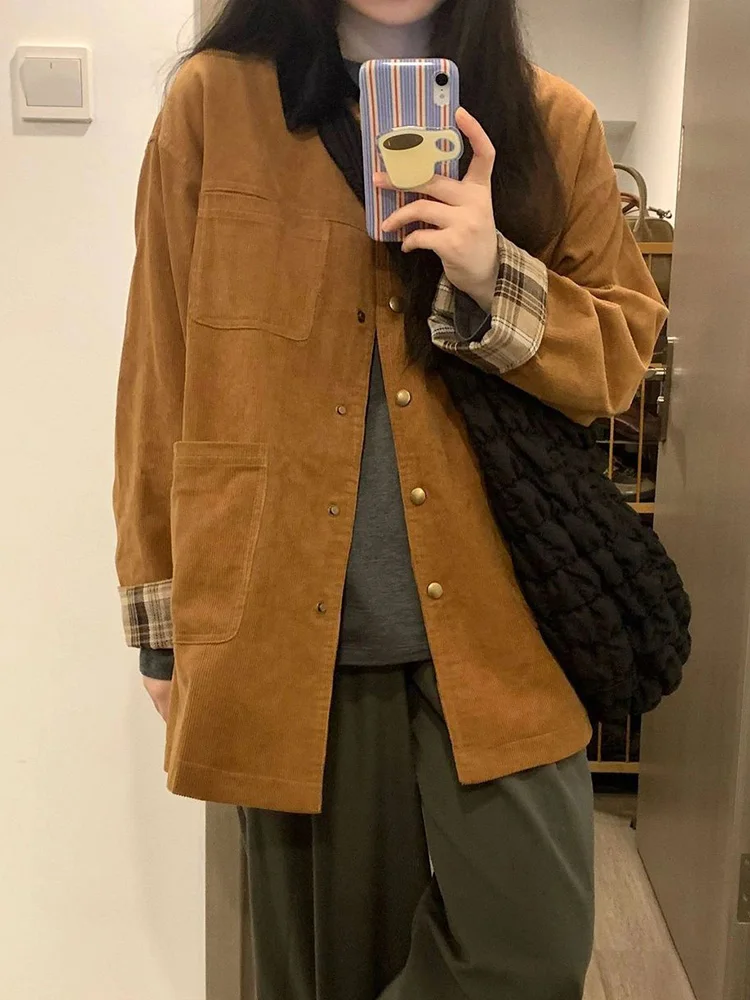 

Retro American Corduroy Jacket Women Long Sleeve Harajuku Pockets Coat Casual Turn Down Collar Plaid Patchwork Y2K Outwear Tops