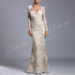 Long Mermaid Mother of the Bride Dress Lace Appliques Scoop Neck Floor-Length Wedding Guest Party for Women 2023 Evening Gala