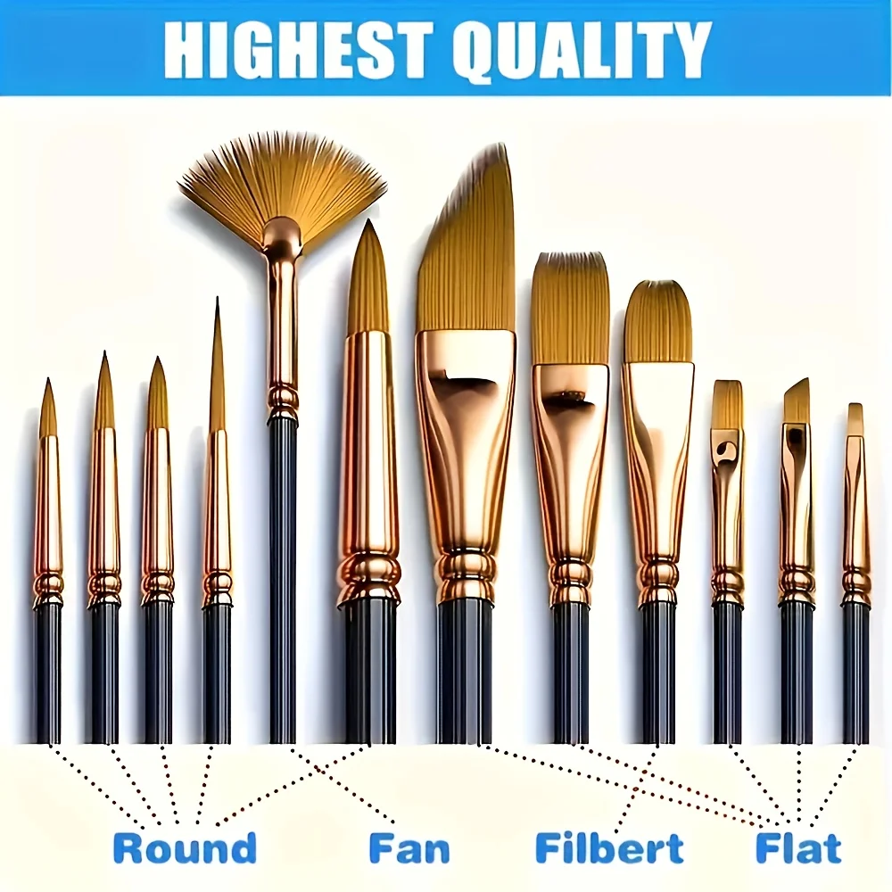 

12Piece Nylon Bristle Brush Set, Nylon Flat Brushes Watercolor Brushes Oil Paint Brushes For Artists Amateur Acrylic Painting