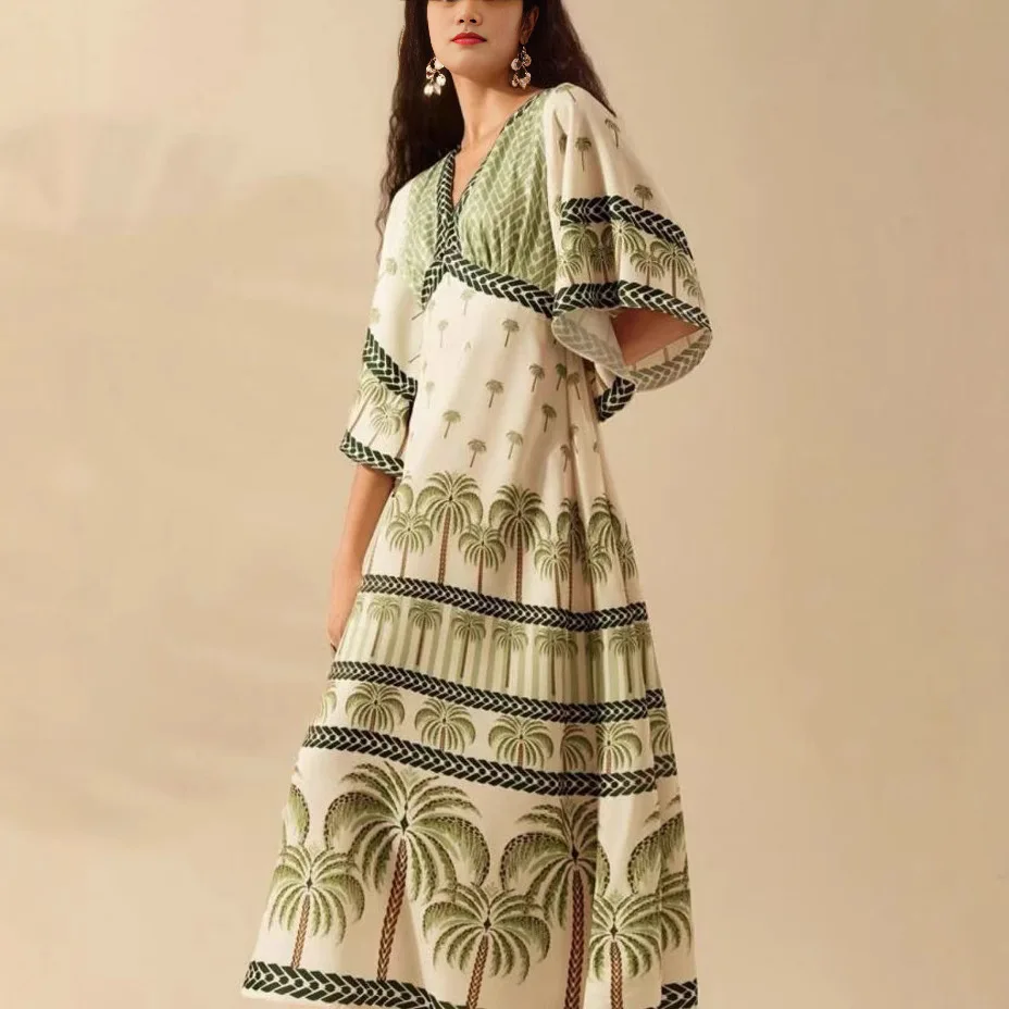 2025 verão planta tropical com decote em v bohe vestido feminino elegante meia manga solta vestido de festa casual cintura alta balanço a linha vestido