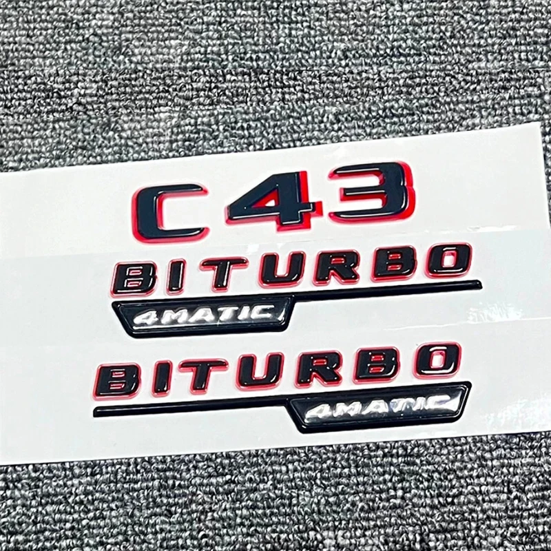 3-個-abs-mb-c43-ビターボ-4matic-光沢のある黒赤エンブレムバッジ-w205-フルセットアクセサリー