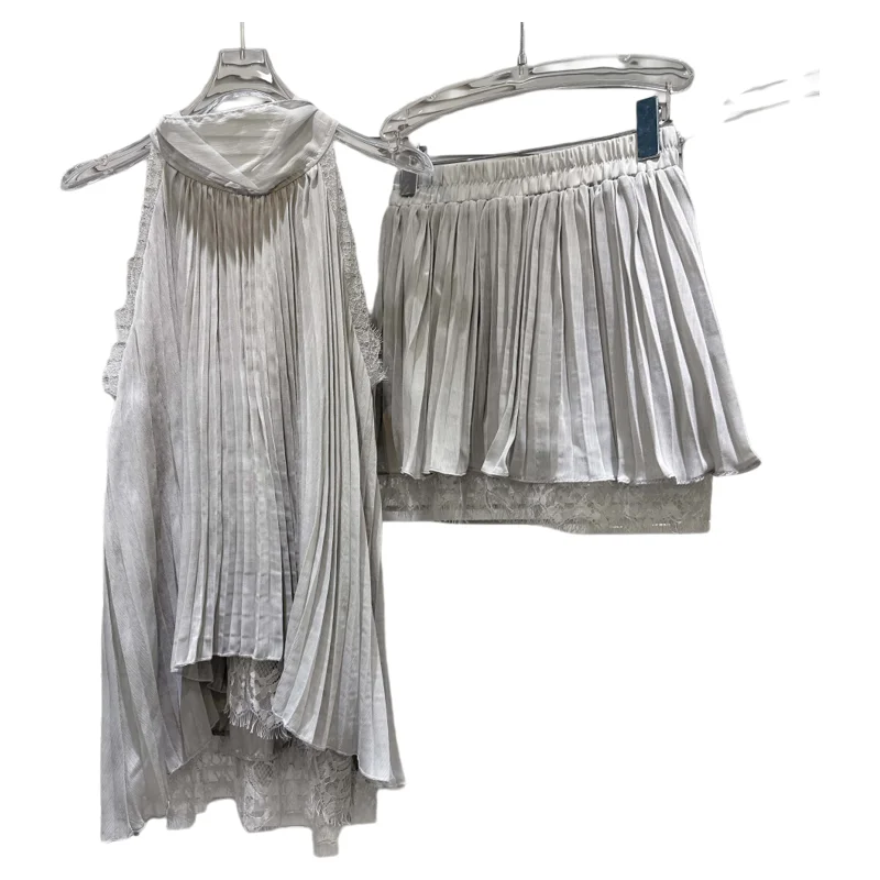 

Летний комплект 2026: Модный женский костюм-двойка из плиссированного шифона с кружевной отделкой, топ и юбка, во французском стиле, с длинными рукавами