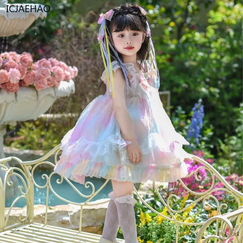 ICJAEHAO 2024 Luxury Baby Lolita Dress Lace Princess Outfit Rainbow Girl New Vestidos Children Spanish Boutique Ball Gown Kids