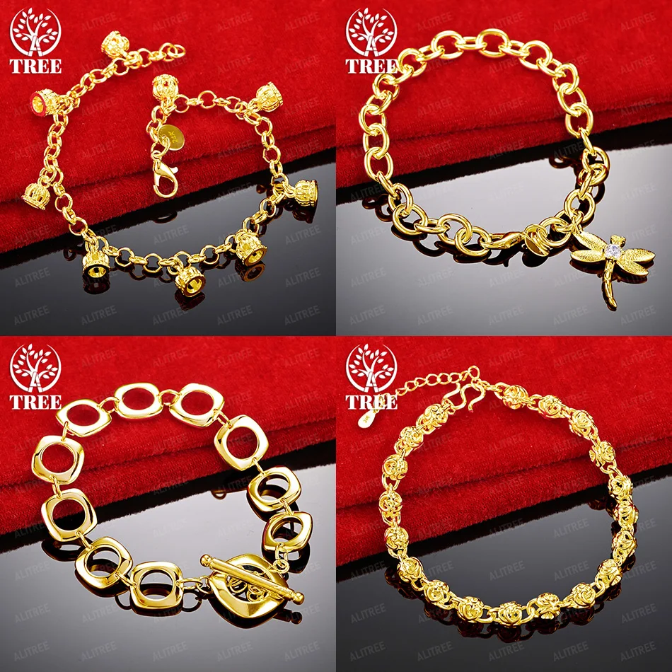 

New Fine 18k Gold Dragonfly Crown Square Hollow Full Heart Chain Bracelet Women's Party Wedding Accessories Beautiful Jewelry