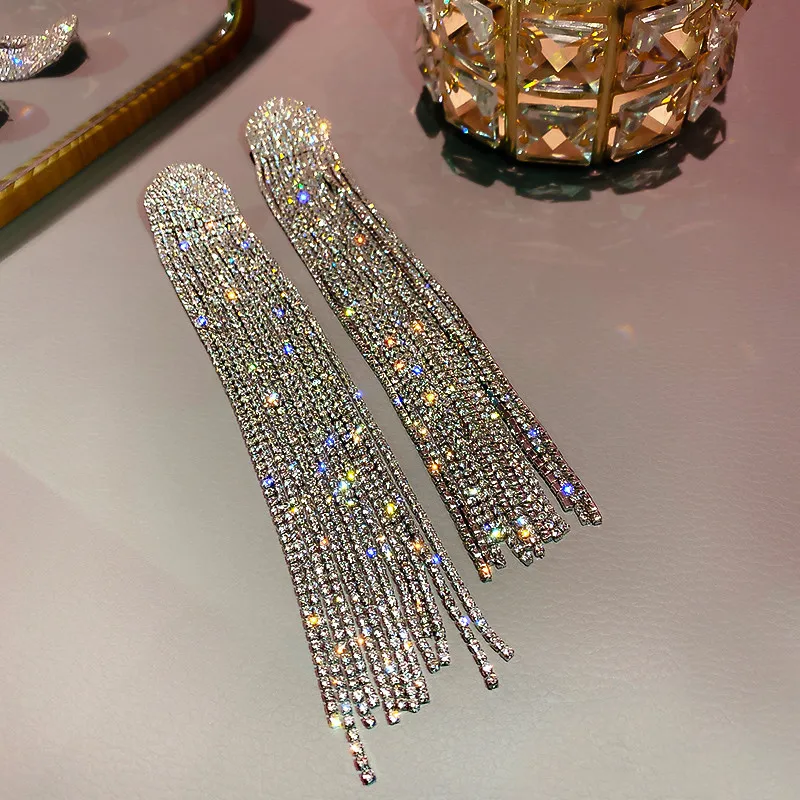 FYUAN długi Tassel Rhinestone spadek kolczyki dla kobiet Ovsize kryształowe kolczyki zwisają biżuteria