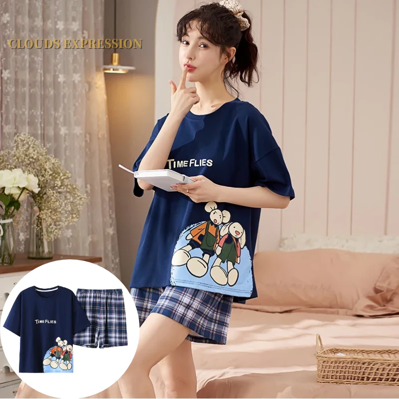 Summer New Knitted Cotton Cute Cartoon Pyjamas Set Women Pajamas Casual Plaid Sleepwear Short Nightwear Sleeve Homewear Fashion