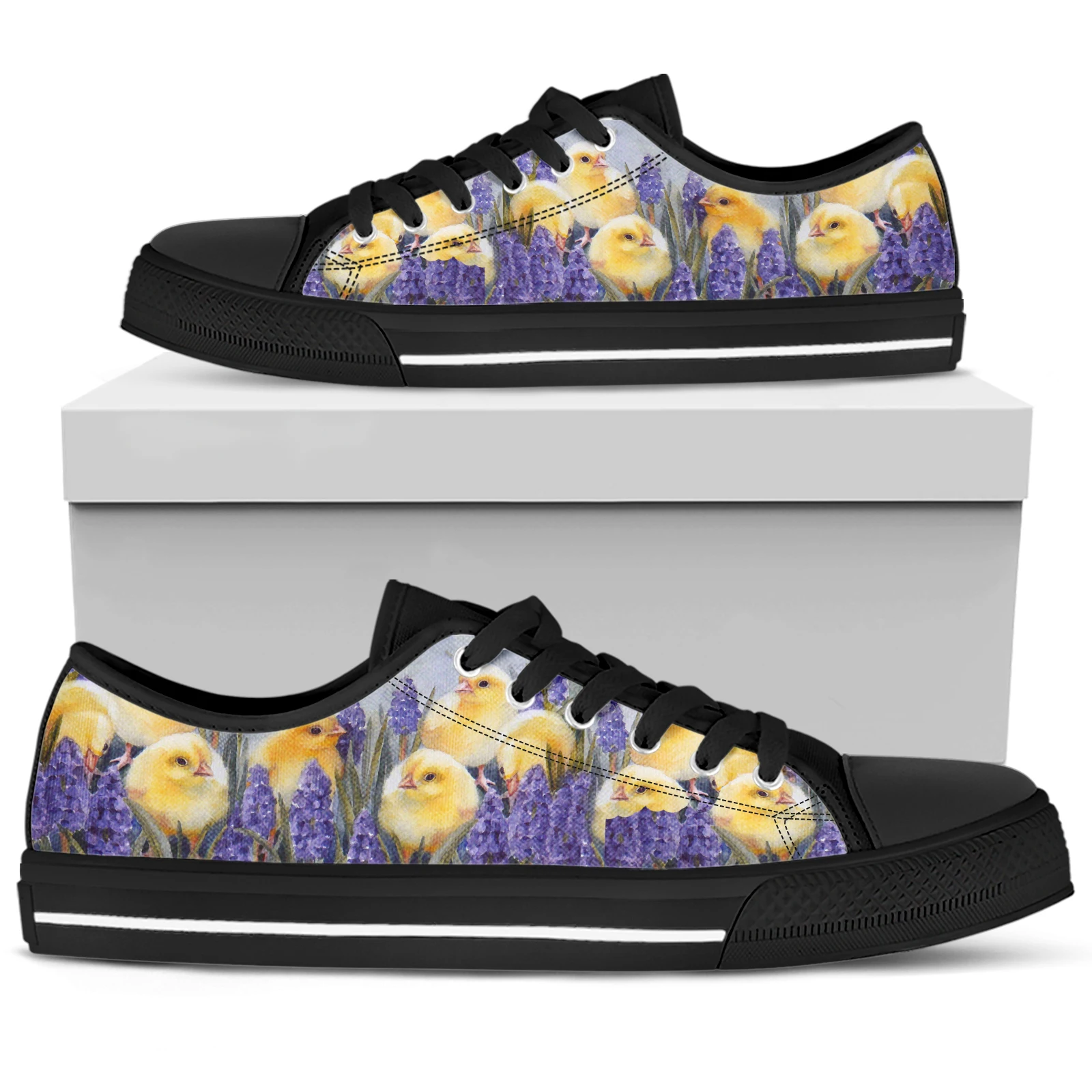 ELVISWORDS Yellow Chick Purple Flower Print Shoes Comfortable Lace-Up Espadrilles Soft Hip Low Top Women's Shoes Flat Shoes