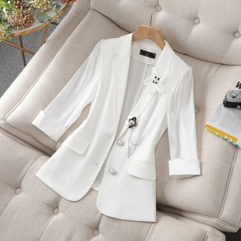 Abito da donna azzurro 1 pezzo Blazer con scollo a v 3/4 maniche lunghe fiore che borda giacca da lavoro formale da ufficio cappotto da ballo primaverile