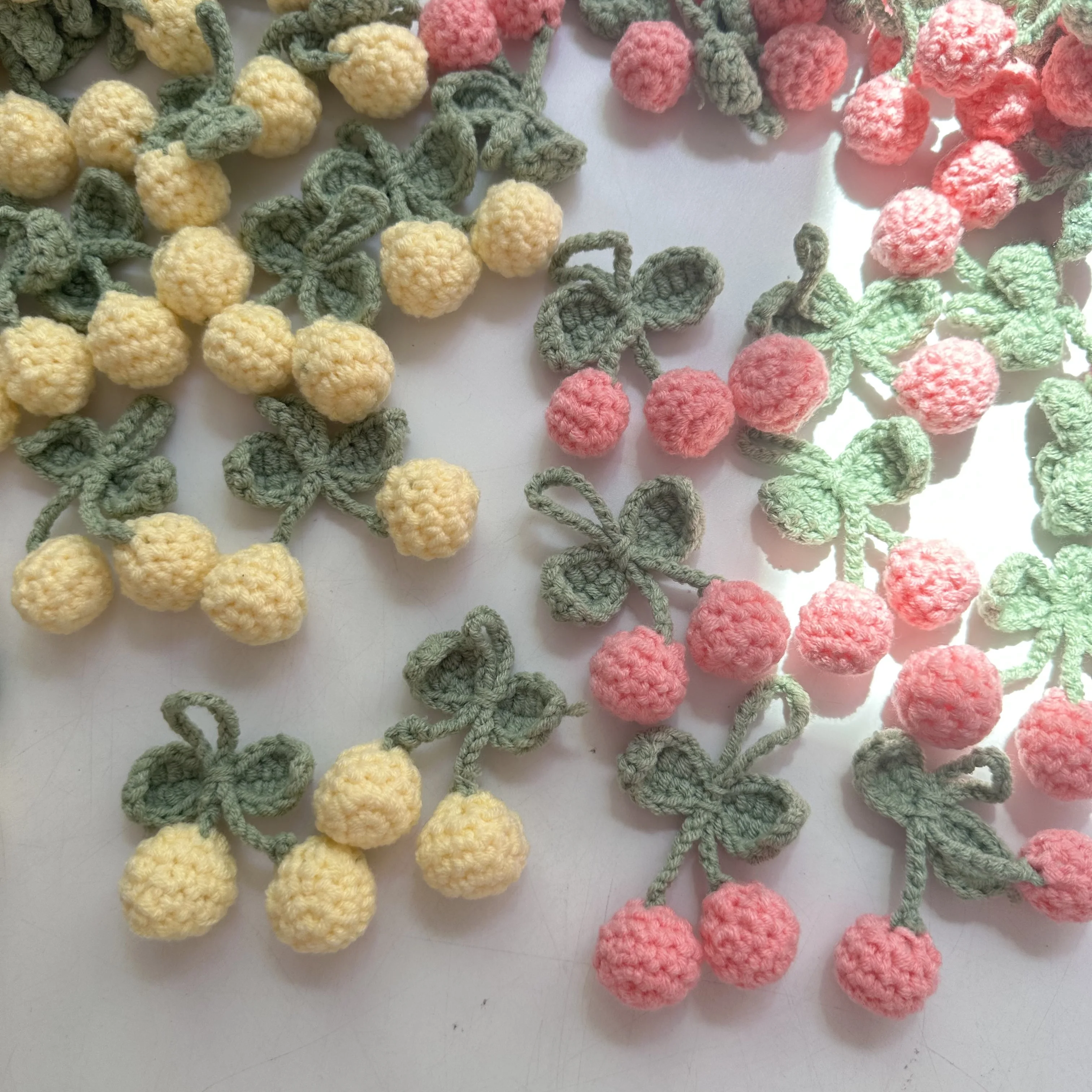 Cotton Hand-knitted Woolen Green Leaf Red Pink Crochet Flowers Cherries Crafts DIY Hair Hat Bag Key Ring Clothing Accessories