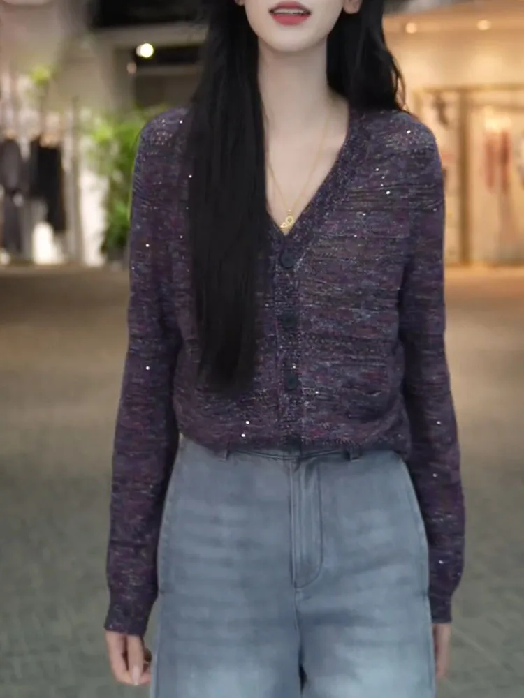 

Faionable plus Size Women's Knitwear Purple Sequin Long Sve Casual Slimming Top Autumn New Arrival Commute Sle Korean ...