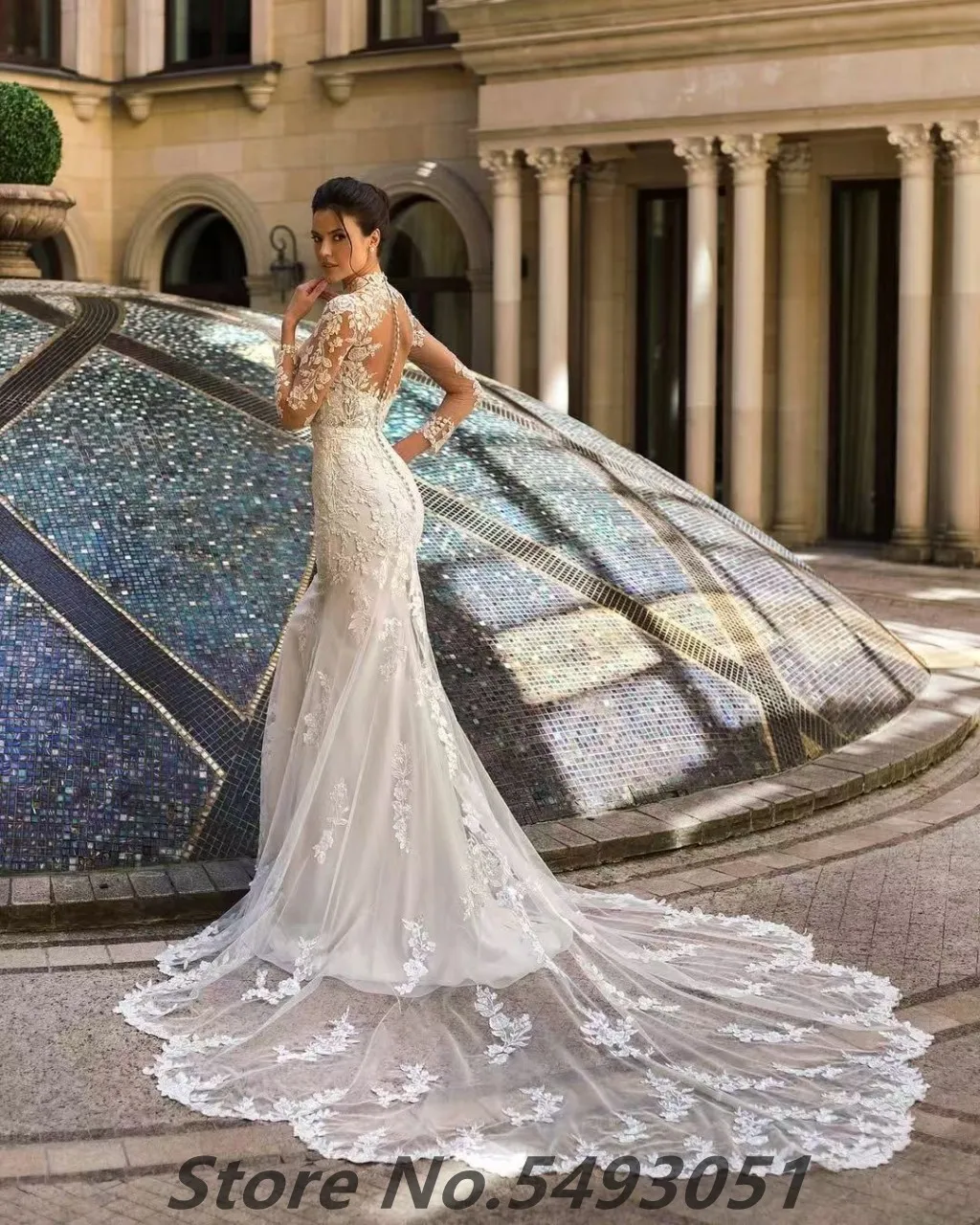 Sevintage 2025 New Luxury Long Train Illusion Neck Wedding Dress Lone Sleeve Lace Appliques Court Train Bridal Gowns Customized
