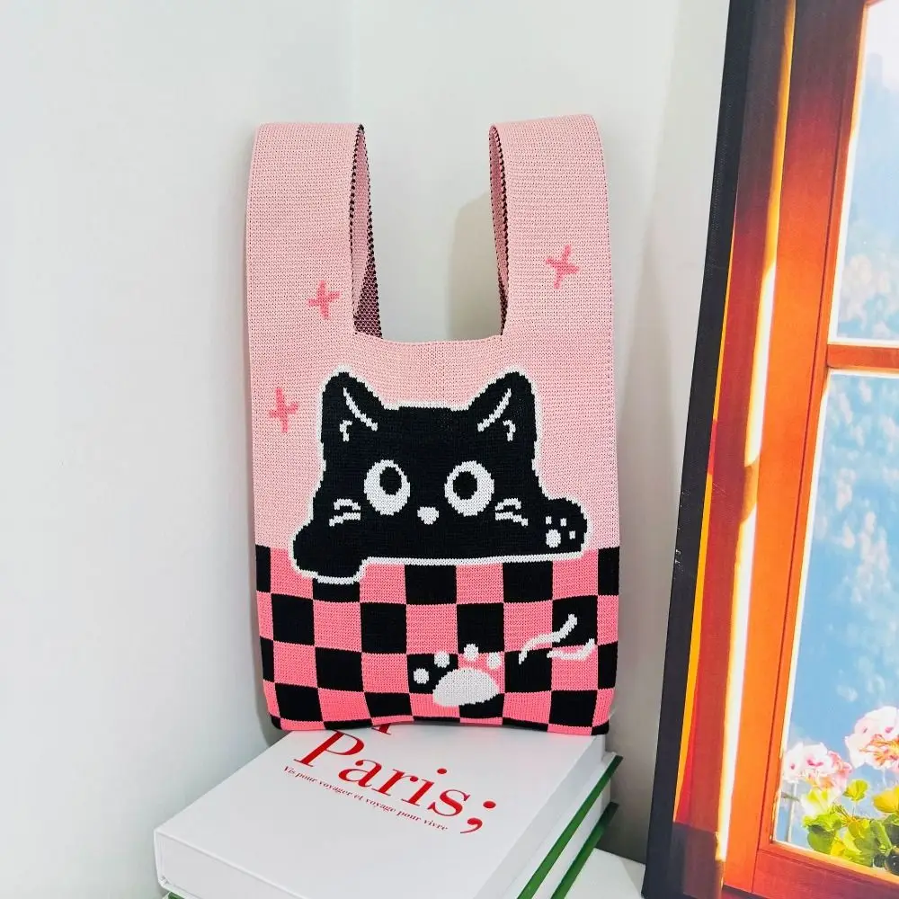 Cute Cartoon Cat Knit Handbag Women Knot Wrist Bag Casual Color Wide Tote Bag Student Shopping Bag For Women