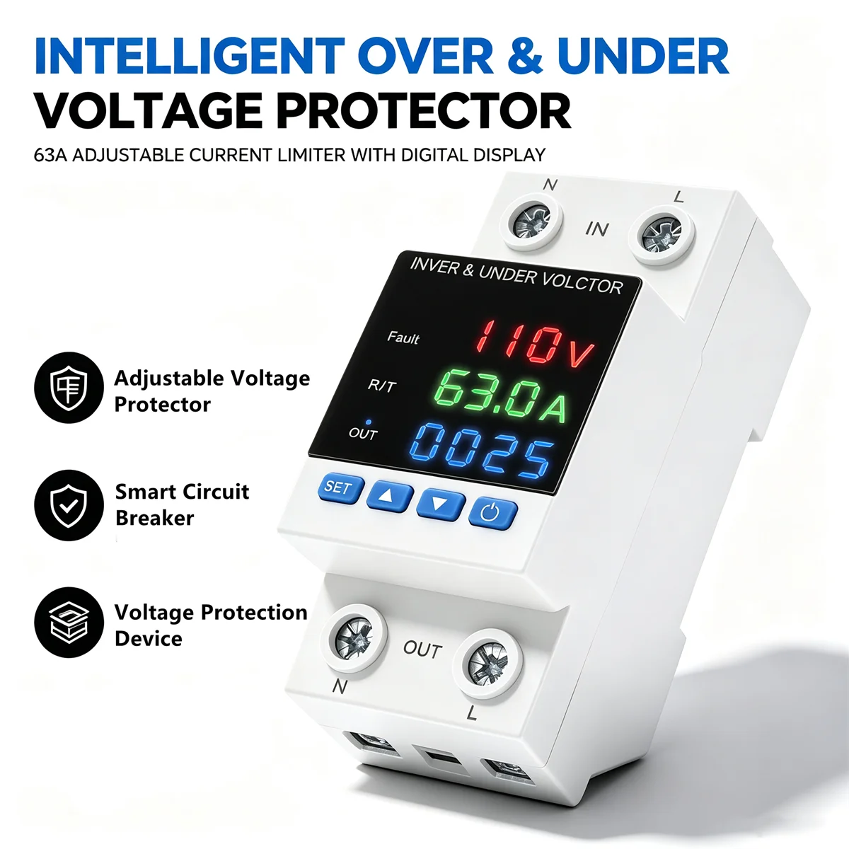 63A 210V 300V Din Rail Adjustable Over Voltage And Under Voltage Protective Device Protector Relay Over Current Protection Limit