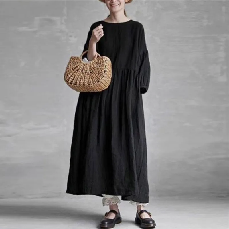 Johnature 2024 Summer Women Vintage Cotton Linen Dress New Solid Color Half Sleeve Pockets Loose Button 3 Colors Female Dresses