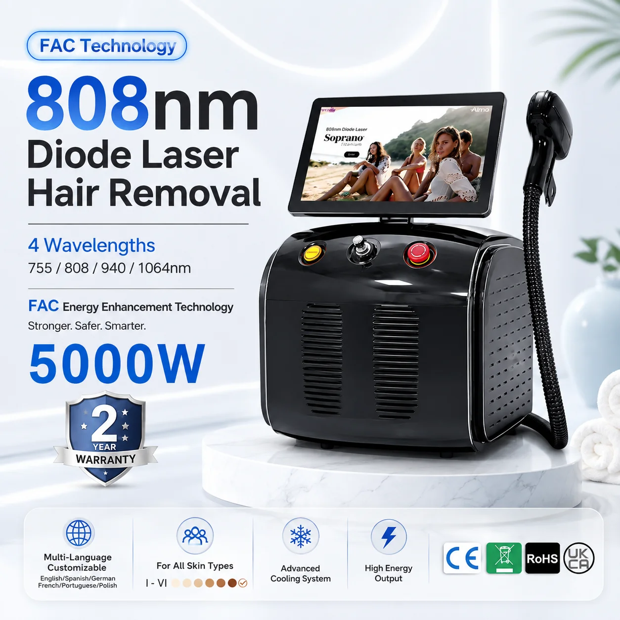 Portable Soprano Ice Titanium Diode Laser Hair Removal Machine 4 Wavelength 755/808/940/1064 5000W Ice Cooling Painless Permanen