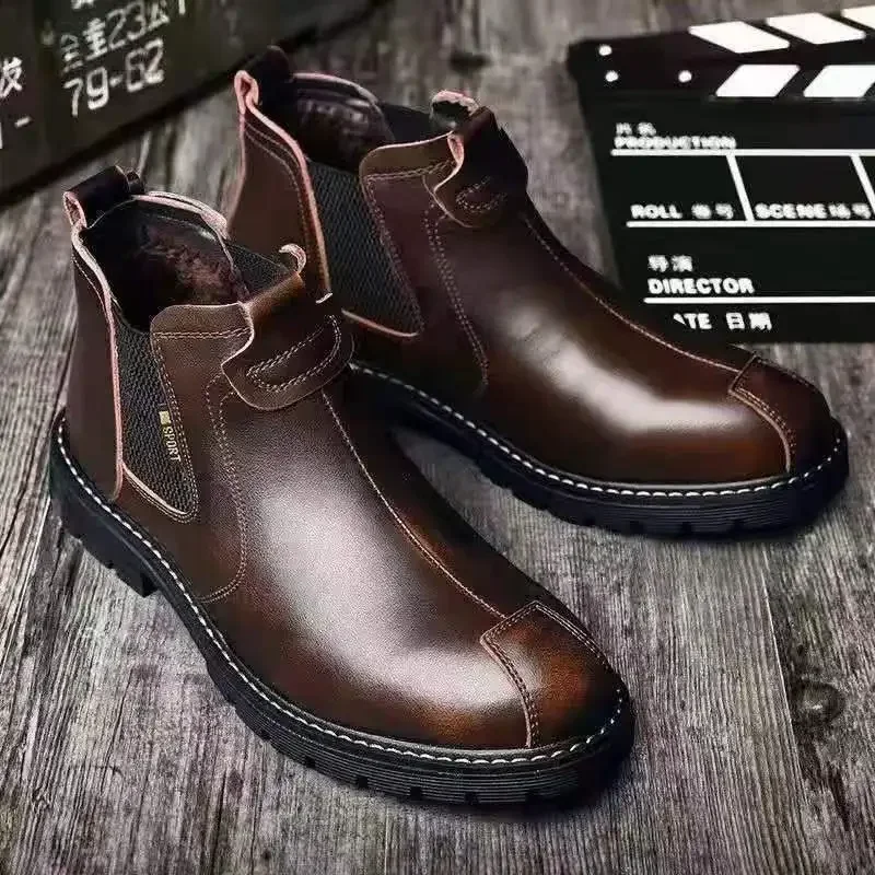 Bottes de rinçage en cuir vintage pour hommes, chaussures montantes décontractées, bottes de travail à semelle optique, mode printemps et automne