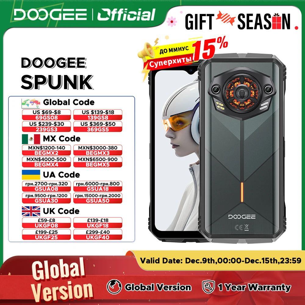 DOOGEE S 펑크 러기드 폰, 글로벌 버전, 안드로이드 14, 6.58 인치, 60Hz, 34mm, 큰 증폭 스피커, LED 조명 효과, 6GB + 256GB, 10800mAh