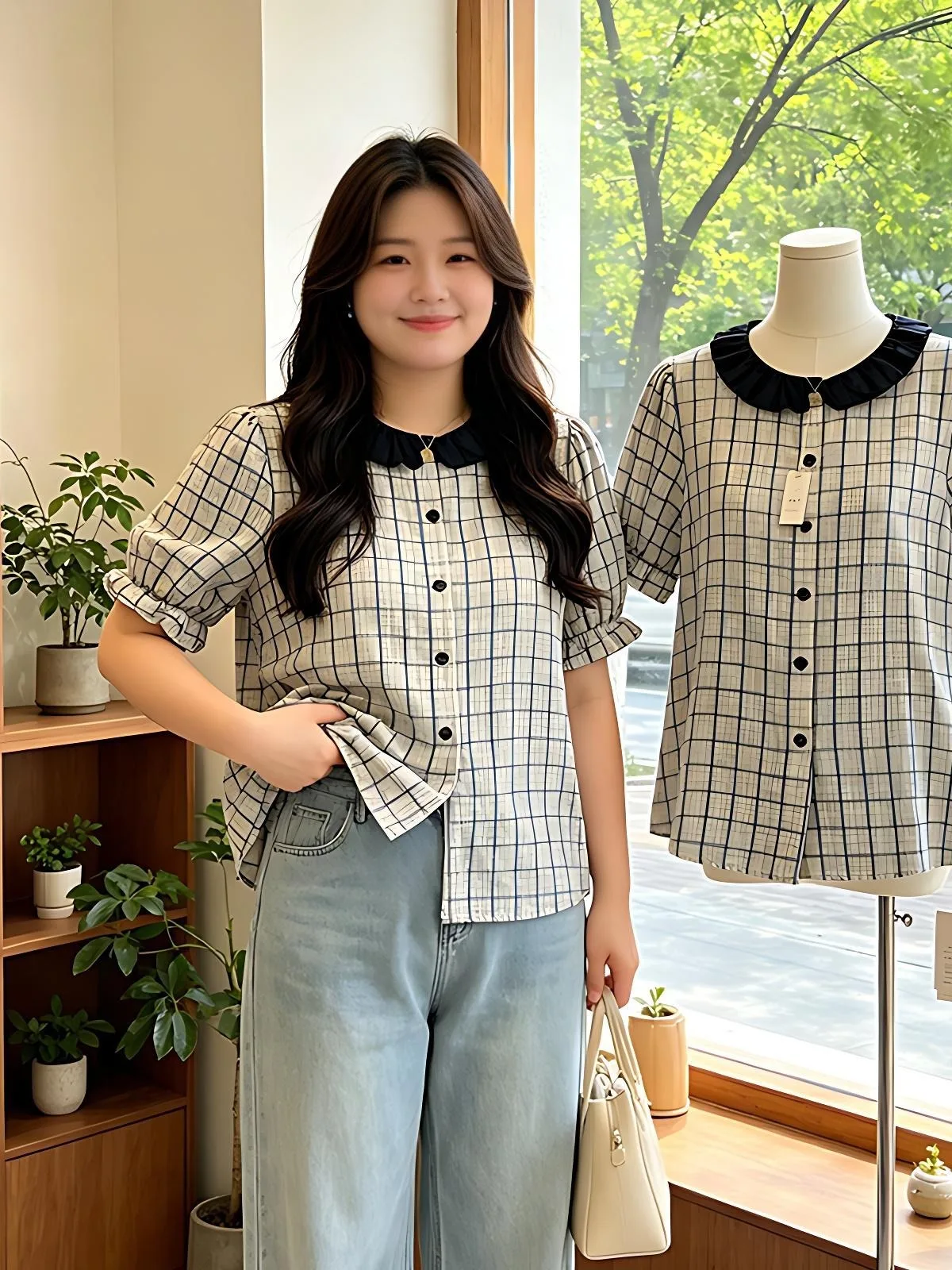 

Loose Korean Style Women's Shirt Summer New Plaid Short Sleeve Doll Collar plus Size Slimming Ageless Top Breathable Comfortable