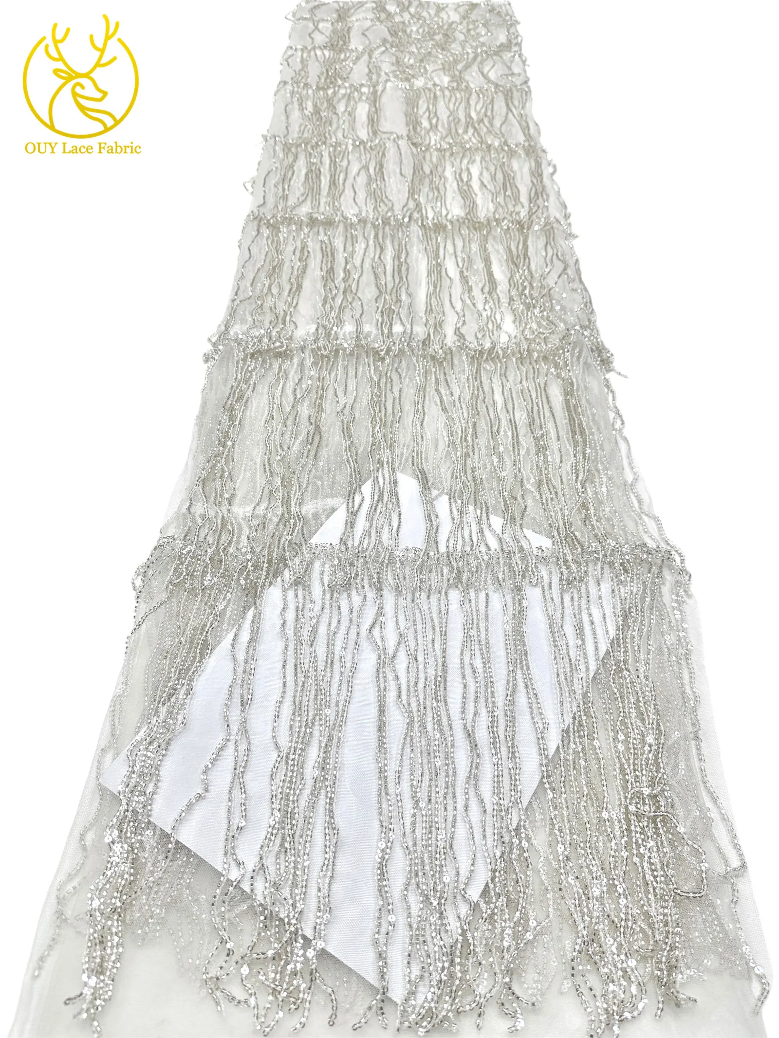 Weinroter nigerianischer 3D-Quasten-Perlen-Spitzenstoff, französischer Pailletten-Tüll-Spitzenstoff, afrikanischer Spitzenstoff für Damen, Hochzeitskleid, Nähen – Detail 9