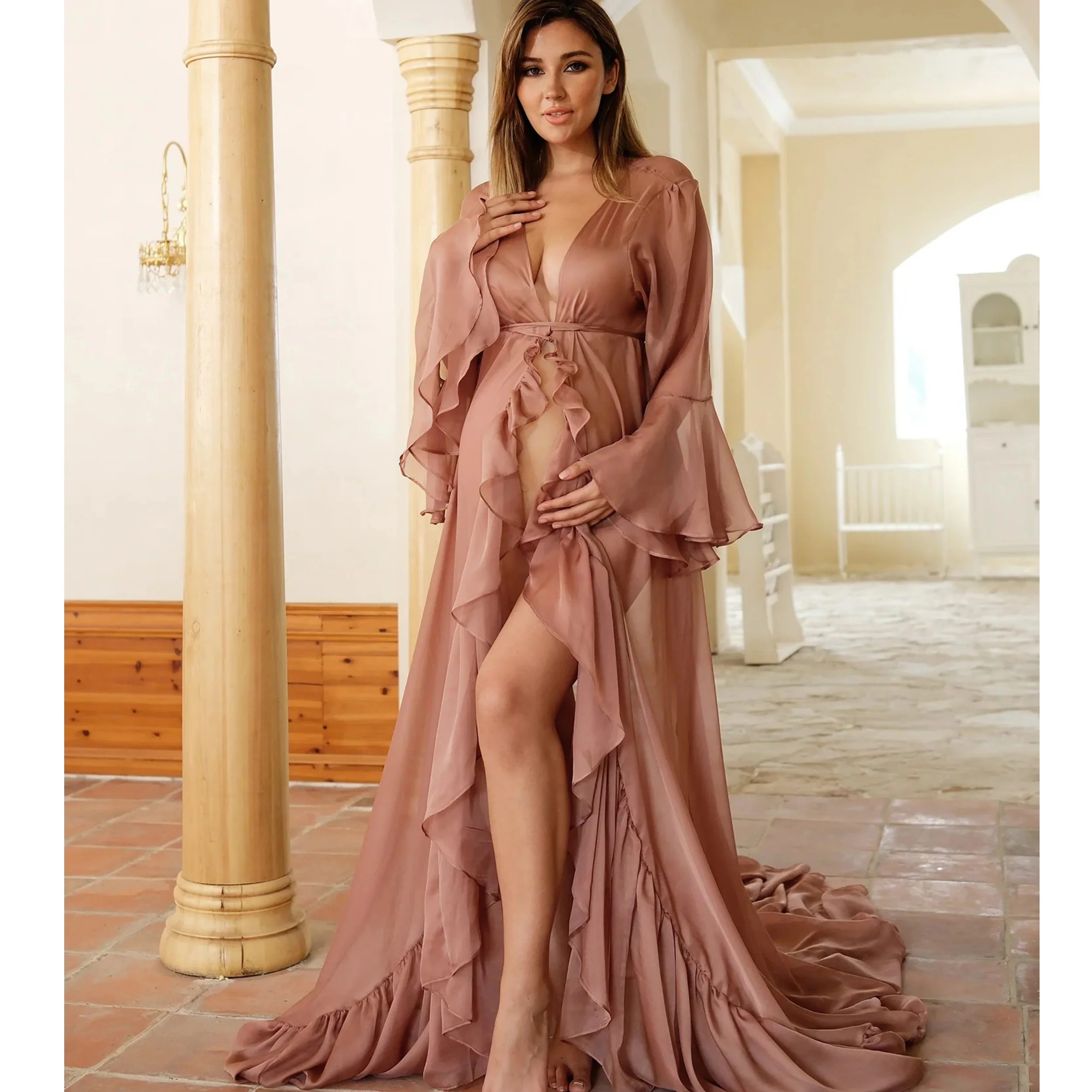 Sexy Maternity Dresses for Woman Sheer V Neck Vestidos De Fiesta Front Slit Babyshower Gown Customized Lingerie Pregnancy Robes