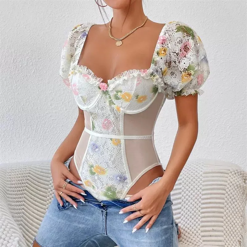 Puff Sleeve Summer Bodysuit Women Print Slim High Waist Rompers Square Neck Rompers Lady Basic Bottoms Lace Ruffles Stitching