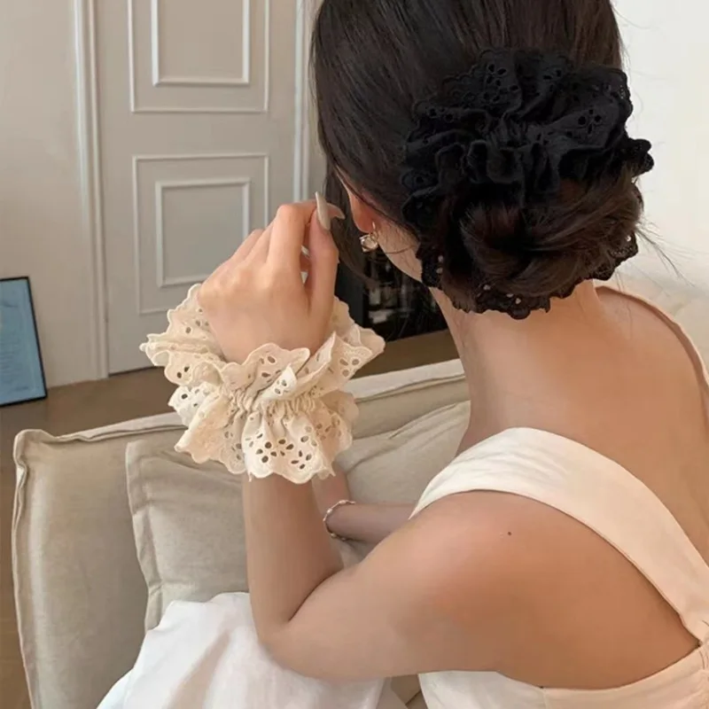 Korean Embroidery Hollowed Lace Ruffled Double-layer Scrunchie for Women Girls Lolita Elegant Ponytail Headwear Hair Accessories