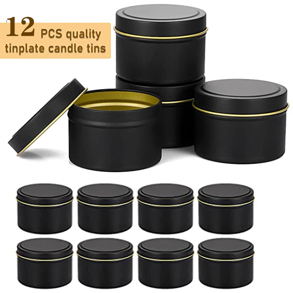 

12 Pcs 8oz Round Black Gold Metal Candle Tins Can Round Aluminium Candle Jars Empty Arts Crafts Storage Containers Wholesale