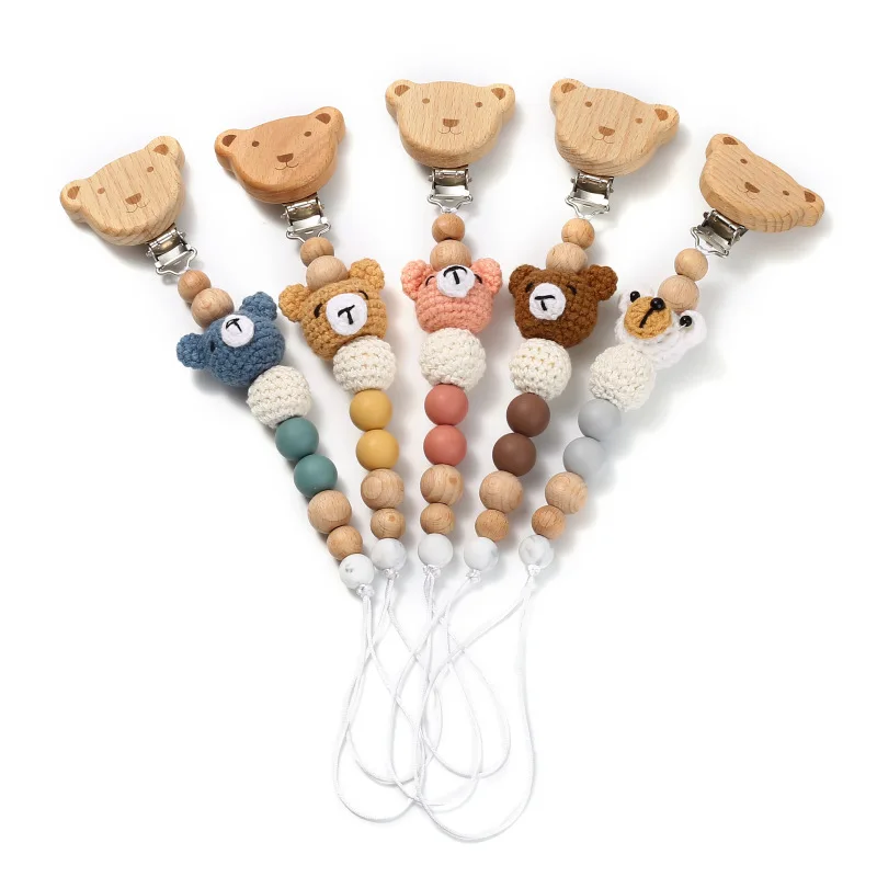 Baby Beuken Hout Fopspeen Clip Cartoon Dier Gehaakte Kralen Siliconen Tepel Ketting Voor Bijtring Verpleegspeelgoed Baby Fopspeen Ketting