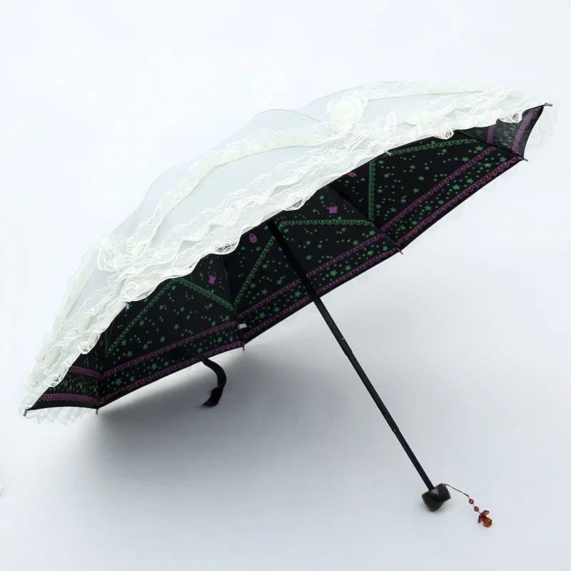 Four-layer lace edge umbrella, starry sky sun protection, three-fold student women's dual-use sun and rain umbrella