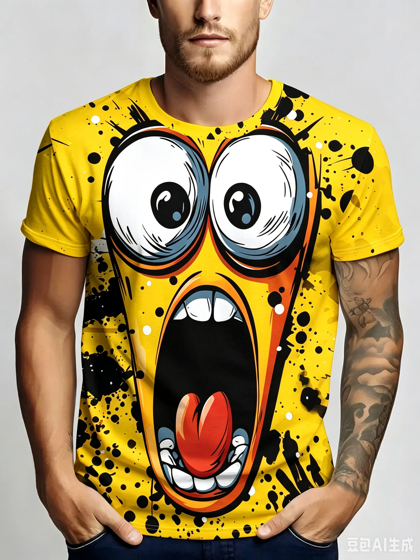 Men's Funny Cartoon Screaming Face Graphic T-Shirt, Yellow Splash Ink Print Short Sleeve Crew Neck Casual Streetwear Tee