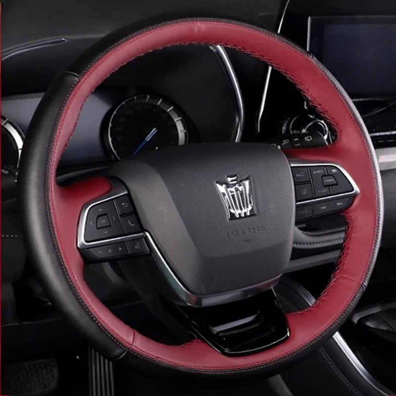 

100% Fit For Toyota Highlander Kluger Sienna 2020-2024 Hand-stitched Wine red black Genuine Leather car steering wheel cover