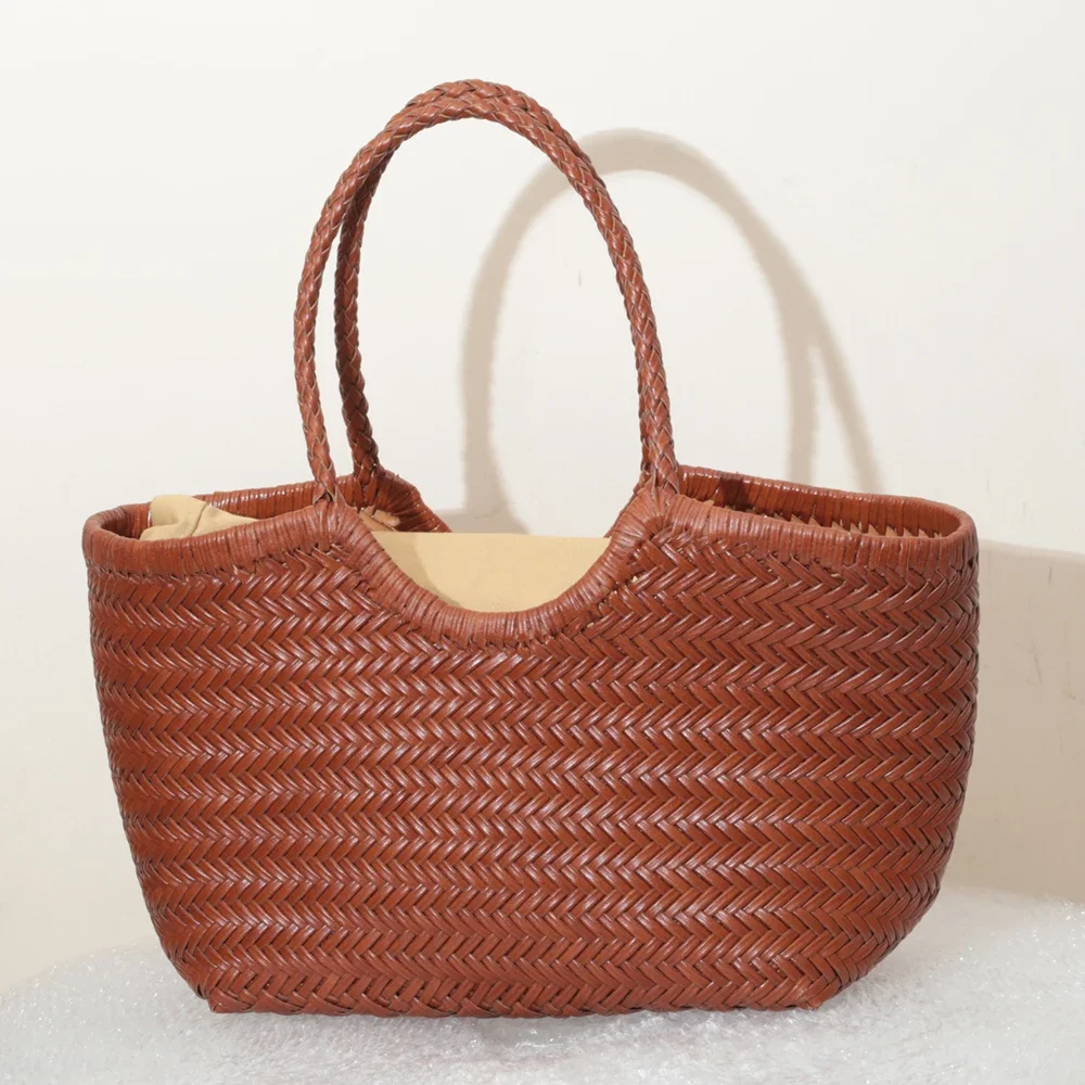 Handbags Women's Genuine Leather Shoulder Bag Weaving Casual Shopping Bag Vintage Big Tote Purse Cowhide Cross Hand Bags Lady image 3