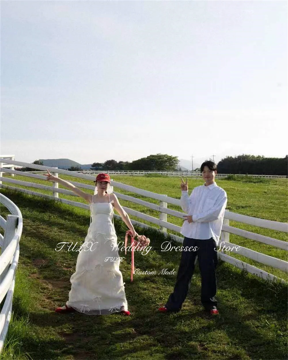 TULX Corea jardín sesión de fotos Simple correa de espagueti vestidos de novia de satén vestidos de novia con lazo largo corsé espalda kurs Chiar personalizado