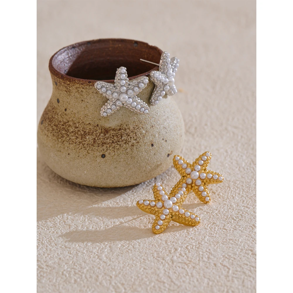 Yhpup Ocean Style Imitation Pearls Starfish Stud Earrings Stainless Steel Casting Exquisite Summer Holiday Beach Jewelry Gift