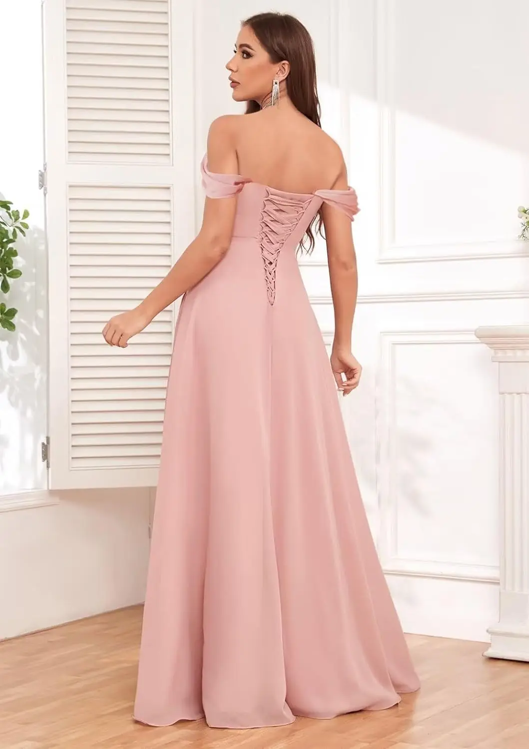 Vestido de gasa con hombros descubiertos para dama de honor, traje largo de noche Formal con volantes fruncidos y abertura, ideal para fiesta de graduación y verano