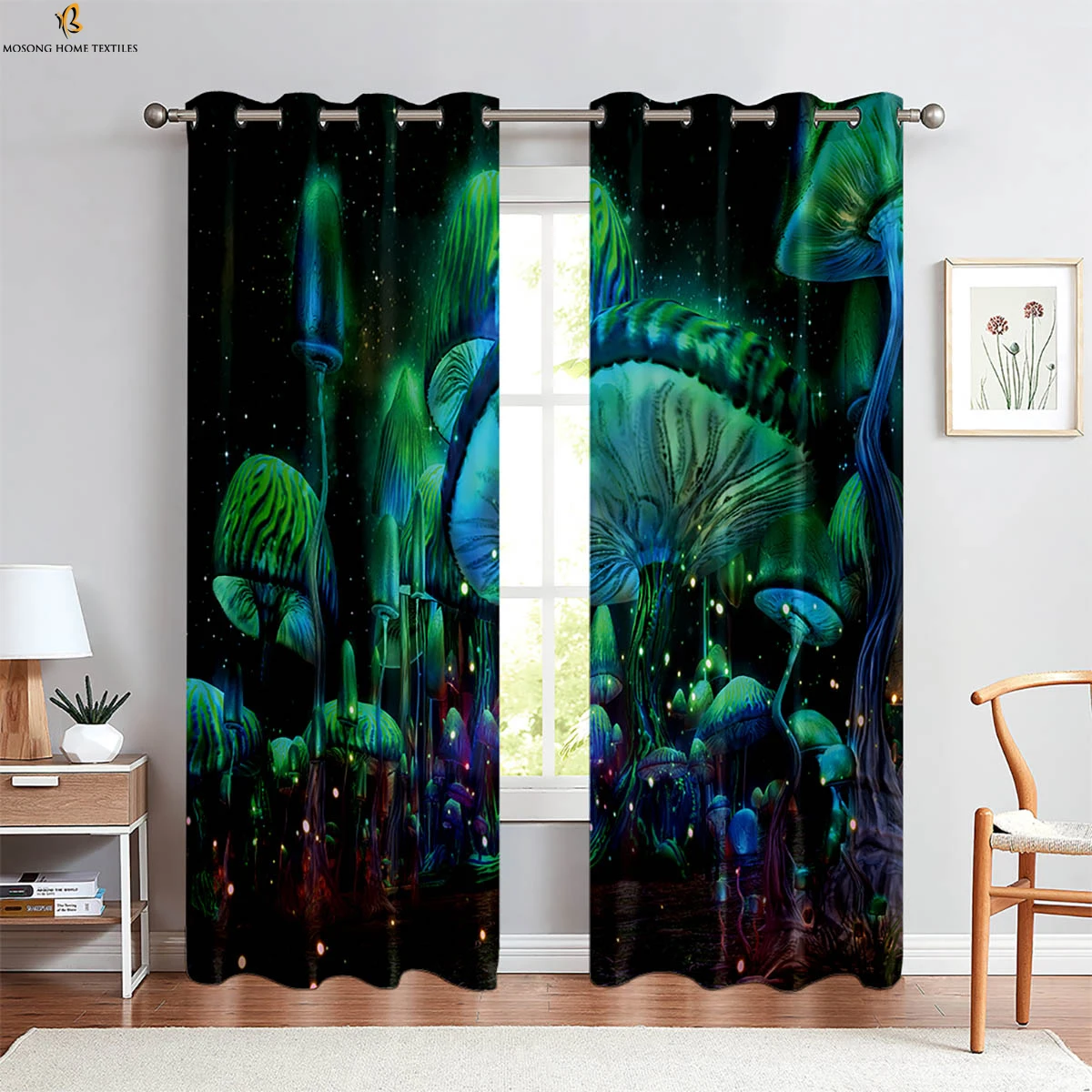 

2 Pieces Of Dreamy Mushroom Cartoon Print Curtains Pastoral Style Bedroom Living Room Kitchen Window Decoration Curtains