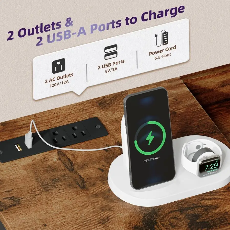 منضدة مع قاعدة شحن وإضاءة LED، خزانة واسعة ذات 5 أدراج لغرفة النوم مع صناديق قماش ورف مفتوح لغرفة النوم K