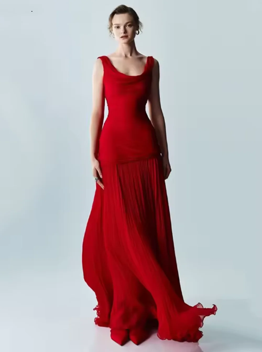 فستان سهرة أحمر أنيق بأشرطة سباغيتي على شكل حرف A فستان حفلة موسيقية متدفق يدويًا من الحرير للحفلات الراقصة حسب الطلب #2